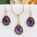 Wedding Jewelry Bridesmaid Jewelry Bridesmaid Earrings Bridesmaid Necklace Amethyst Glass Gold Trimmed Pear Cut Bridesmaid gift
