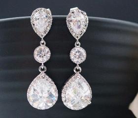 Wedding Bridal Jewelry Bridal Earrings CZ connectors and clear white (LUX) cubic zirconia tear drop dangle Earrings Bridesmaid Jewelry