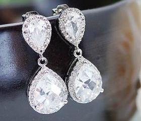 Wedding Jewelry Bridal Jewelry Bridal Earrings Bridal Necklace Clear White LUX Cubic Zirconia Tear drops Dangle earrings