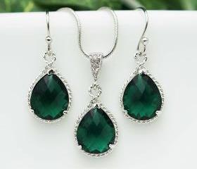 Wedding Jewelry Bridesmaid Jewelry Bridesmaid Earrings Bridesmaid Necklace Emerald Glass rhodium Trimmed Pear Cut Bridesmaid gift