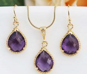 Wedding Jewelry Bridesmaid Jewelry Bridesmaid Earrings Bridesmaid Necklace Amethyst Glass Gold Trimmed Pear Cut Bridesmaid gift